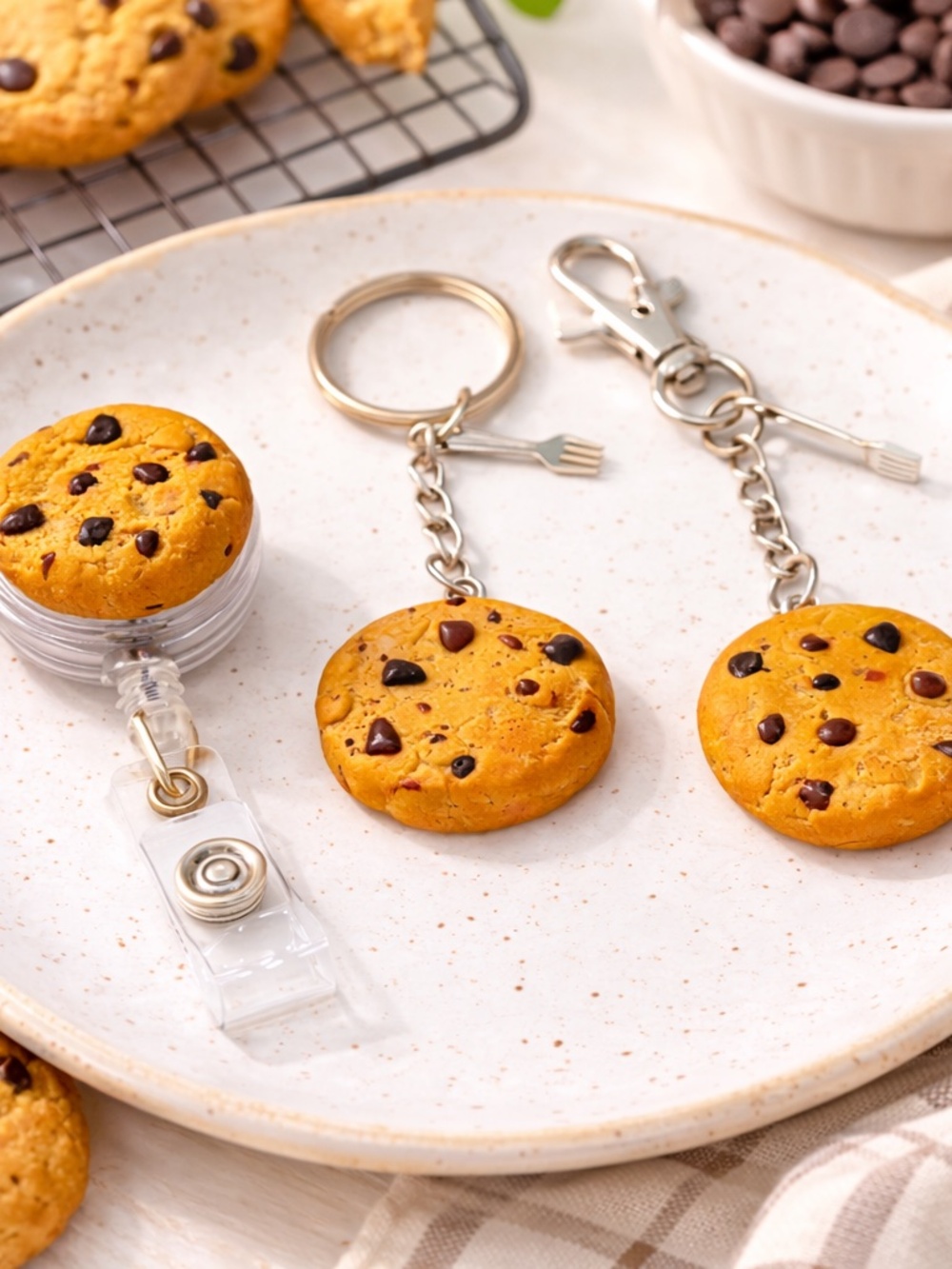 Chocolate Chip Cookie Keychain, Bag Clip or Badge Reel – Handmade Cookie Charm